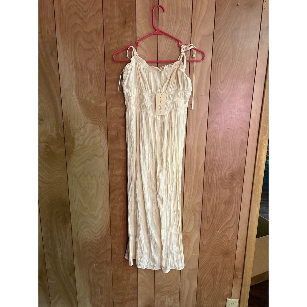 Allie Rose Cream Smocked Wide Leg Jumpsuit Tie Shoulder Textured Size M NWT